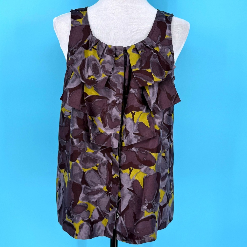 J.Crew Purple Yellow Abstract Floral 100% Silk Ruffle Front‎ Blouse Size 6